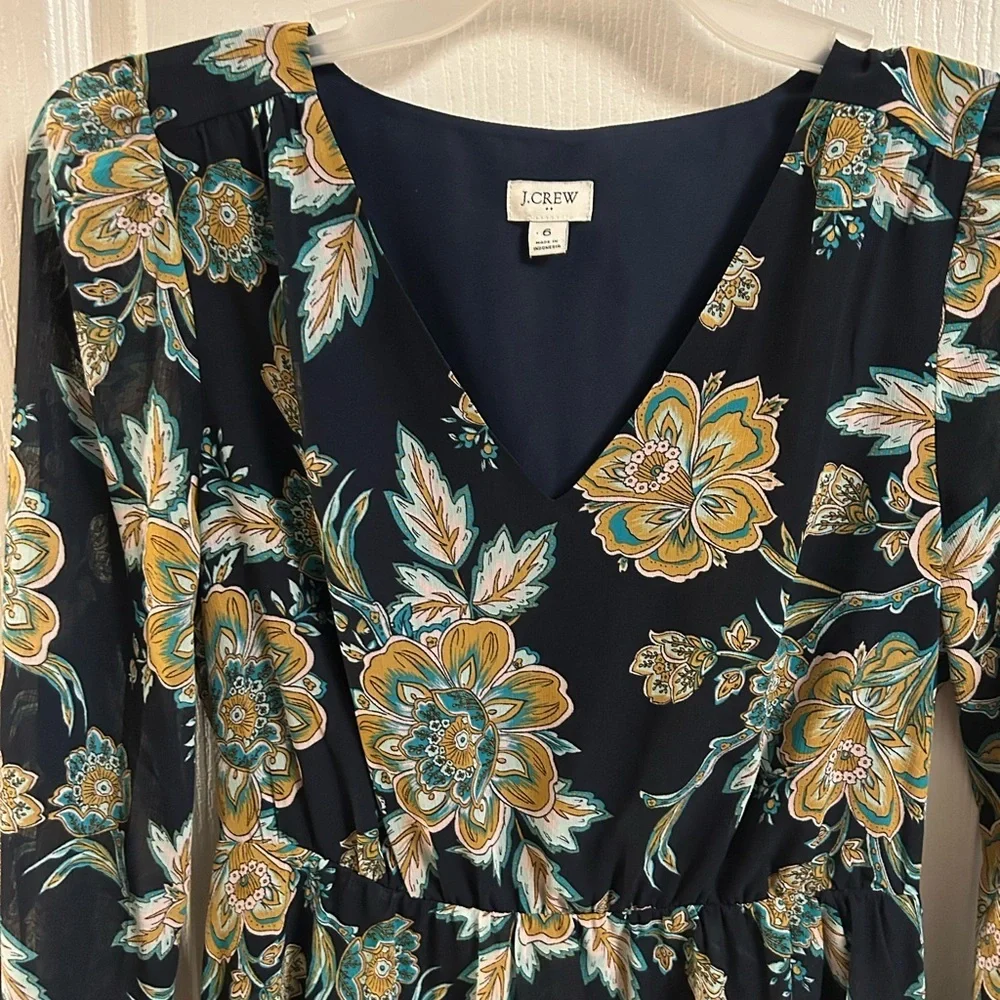J. Crew Navy Floral Wrap-Style Long-Sleeve Dress